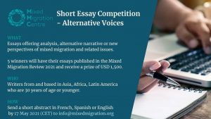 MIXED MIGRATION CENTRE (MMC) - ALTERNATIVE VOICES SHORT ESSAY COMPETITION 2021 ($1,500 prize)